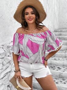 SHEIN Holidaya Plus Tropical Print Off Shoulder Pompom Trim Blouse - Multicolor - View 5