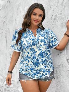 SHEIN Holidaya Plus Floral Print Petal Sleeve Blouse - Blue and White - View 3