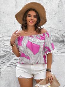 SHEIN Holidaya Plus Tropical Print Off Shoulder Pompom Trim Blouse - Multicolor - View 6
