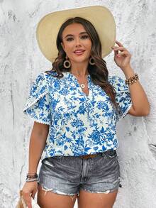 SHEIN Holidaya Plus Floral Print Petal Sleeve Blouse - Blue and White - View 4