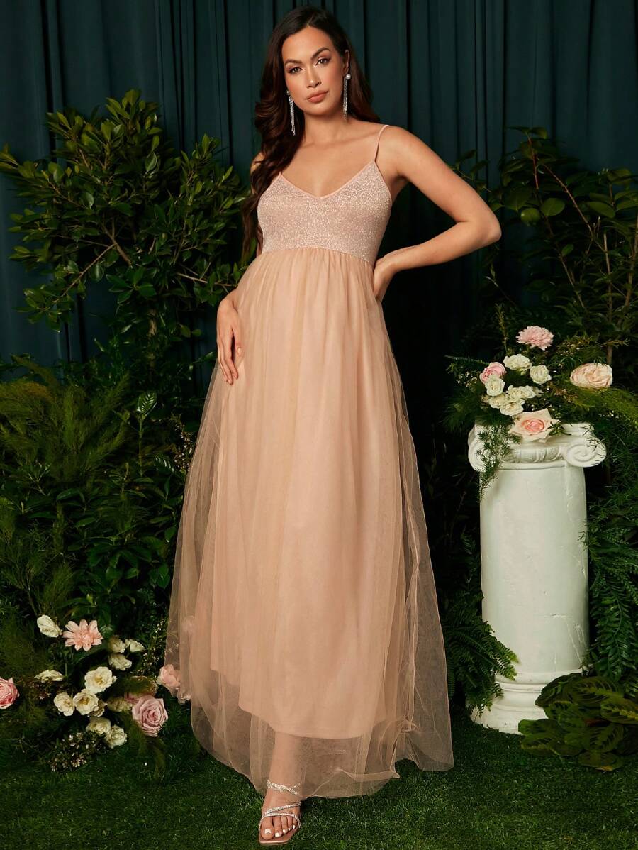 SHEIN Maternity Contrast Mesh Flare Hem Cami Dress - Apricot - View 1