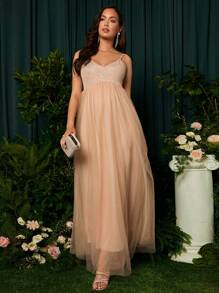 SHEIN Maternity Contrast Mesh Flare Hem Cami Dress - Apricot - View 5