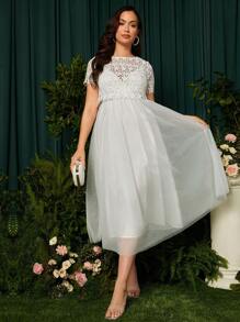 SHEIN Maternity Guipure Lace Top & Mesh Overlay Cami Dress - White - View 4