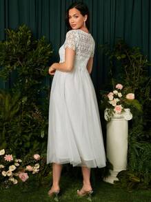 SHEIN Maternity Guipure Lace Top & Mesh Overlay Cami Dress - White - View 2