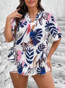 SHEIN LUNE Plus Tropical Print Flounce Sleeve Blouse - Multicolor - View 1