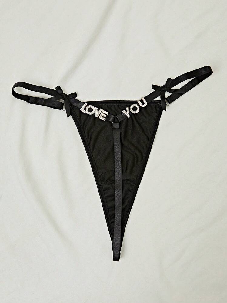 Letter Graphic Bow Decor Thong Lingerie - Black - View 3