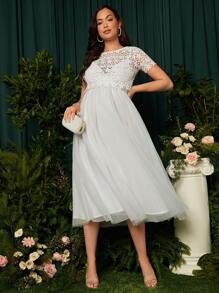 SHEIN Maternity Guipure Lace Top & Mesh Overlay Cami Dress - White - View 3