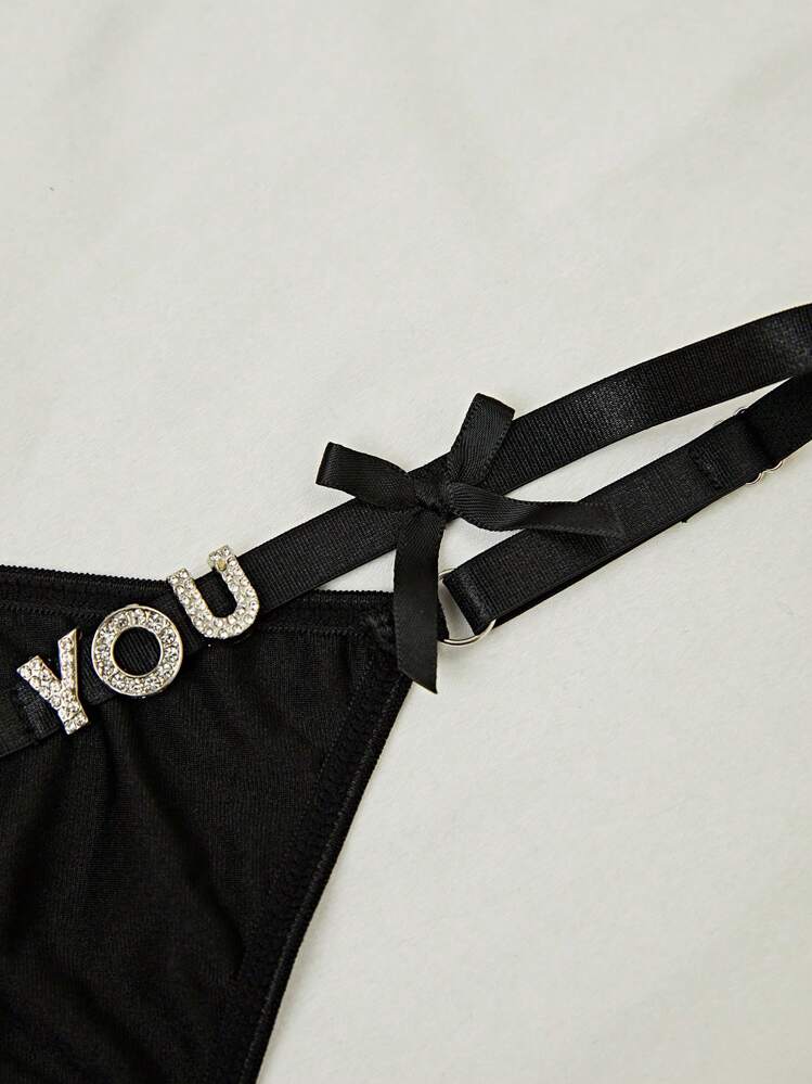 Letter Graphic Bow Decor Thong Lingerie - Black - View 4