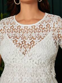 SHEIN Maternity Guipure Lace Top & Mesh Overlay Cami Dress - White - View 5