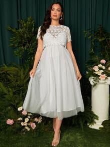 SHEIN Maternity Guipure Lace Top & Mesh Overlay Cami Dress - White - View 1