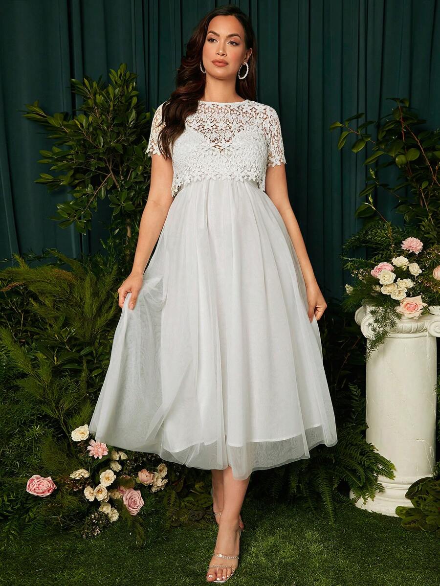 SHEIN Maternity Guipure Lace Top & Mesh Overlay Cami Dress - White - View 1