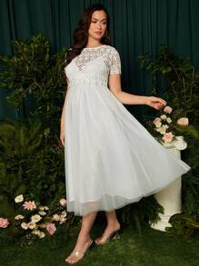 SHEIN Maternity Guipure Lace Top & Mesh Overlay Cami Dress - White - View 8