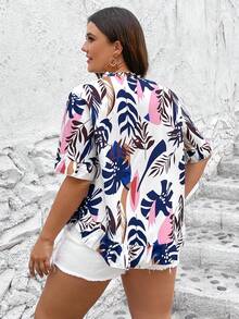 SHEIN LUNE Plus Tropical Print Flounce Sleeve Blouse - Multicolor - View 2