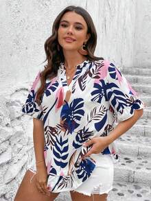SHEIN LUNE Plus Tropical Print Flounce Sleeve Blouse - Multicolor - View 3