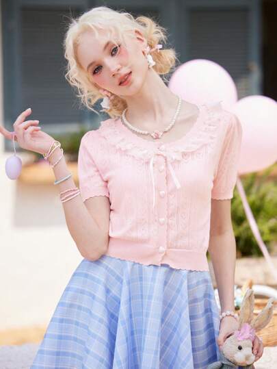 Kawaii Contrast Lace Button Front Cardigan