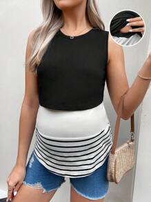 SHEIN Maternity Striped Print Nursing Tank Top - Black and White - View 1