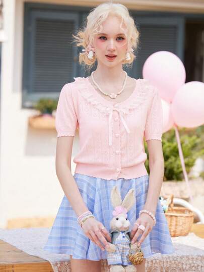 Kawaii Contrast Lace Button Front Cardigan