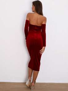 Joyfunear 一字肩側垂絨布連衣裙 - 酒紅色 - 查看 2