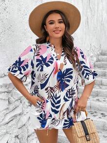 SHEIN LUNE Plus Tropical Print Flounce Sleeve Blouse - Multicolor - View 4