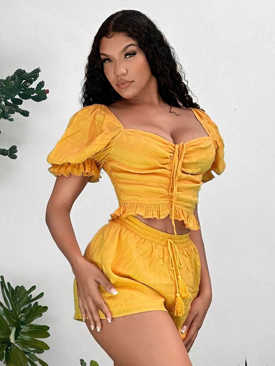 SHEIN SXY Áo sơ mi nữ Dây kéo Xù Viên lá sen Dải chun màu trơn Giải trí - Màu vàng - Xem 1