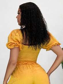 SHEIN SXY Áo sơ mi nữ Dây kéo Xù Viên lá sen Dải chun màu trơn Giải trí - Màu vàng - Xem 2