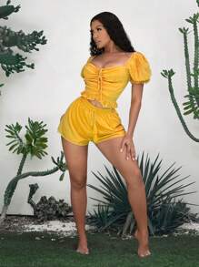 SHEIN SXY Áo sơ mi nữ Dây kéo Xù Viên lá sen Dải chun màu trơn Giải trí - Màu vàng - Xem 3