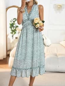 SHEIN VCAY Allover Print Frill Trim Ruffle Hem Dress - Green - View 6