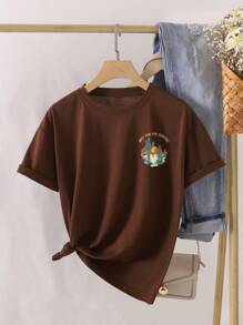 SHEIN LUNE Cactus And Slogan Graphic Tee - Coffee Brown - View 2