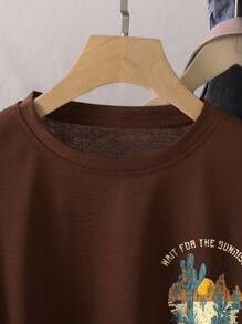 SHEIN LUNE Cactus And Slogan Graphic Tee - Coffee Brown - View 4