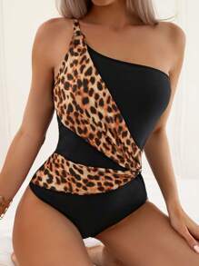 Leopard Print One Shoulder One Piece Swimsuit - Multicolor - View 5