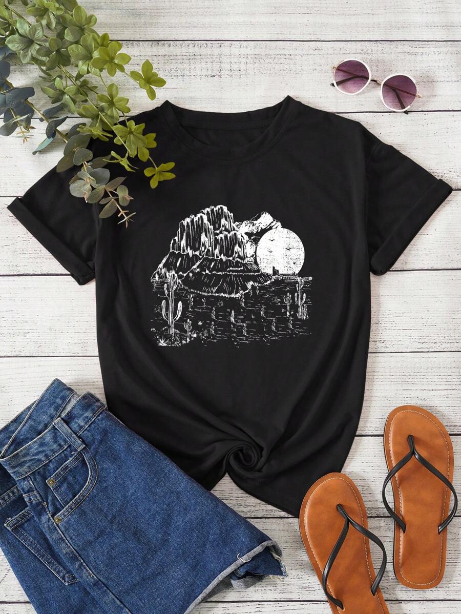 SHEIN LUNE Áo thun nữ Thực vật Giải trí - màu đen - Xem 1