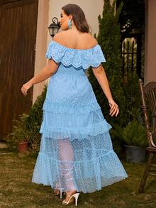 Glamaker Vestido schiffy de hombros descubiertos ribete con fruncido con encaje en contraste - Celeste - Ver 2