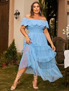 Glamaker Vestido schiffy de hombros descubiertos ribete con fruncido con encaje en contraste - Celeste - Ver 4