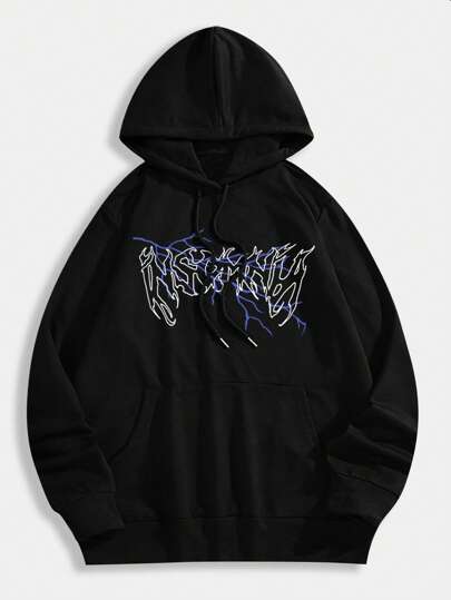 Street Life Hommes Lettre Graphique Kangourou Poche Sweat À Capuche Avec Cordon De Serrage Thermique