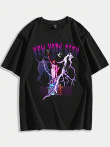 ROMWE MEN Street Life Guys Cotton Lightning & Letter Graphic Tee - Black - View 1