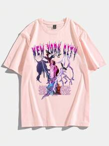 ROMWE MEN Street Life Guys Cotton Figure & Slogan Graphic Tee - Pink - View 1