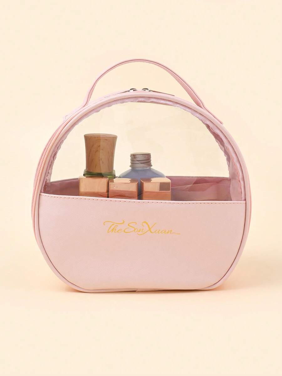 1入組透明PU皮革圓頂化妝包 - 粉色 - 查看 1