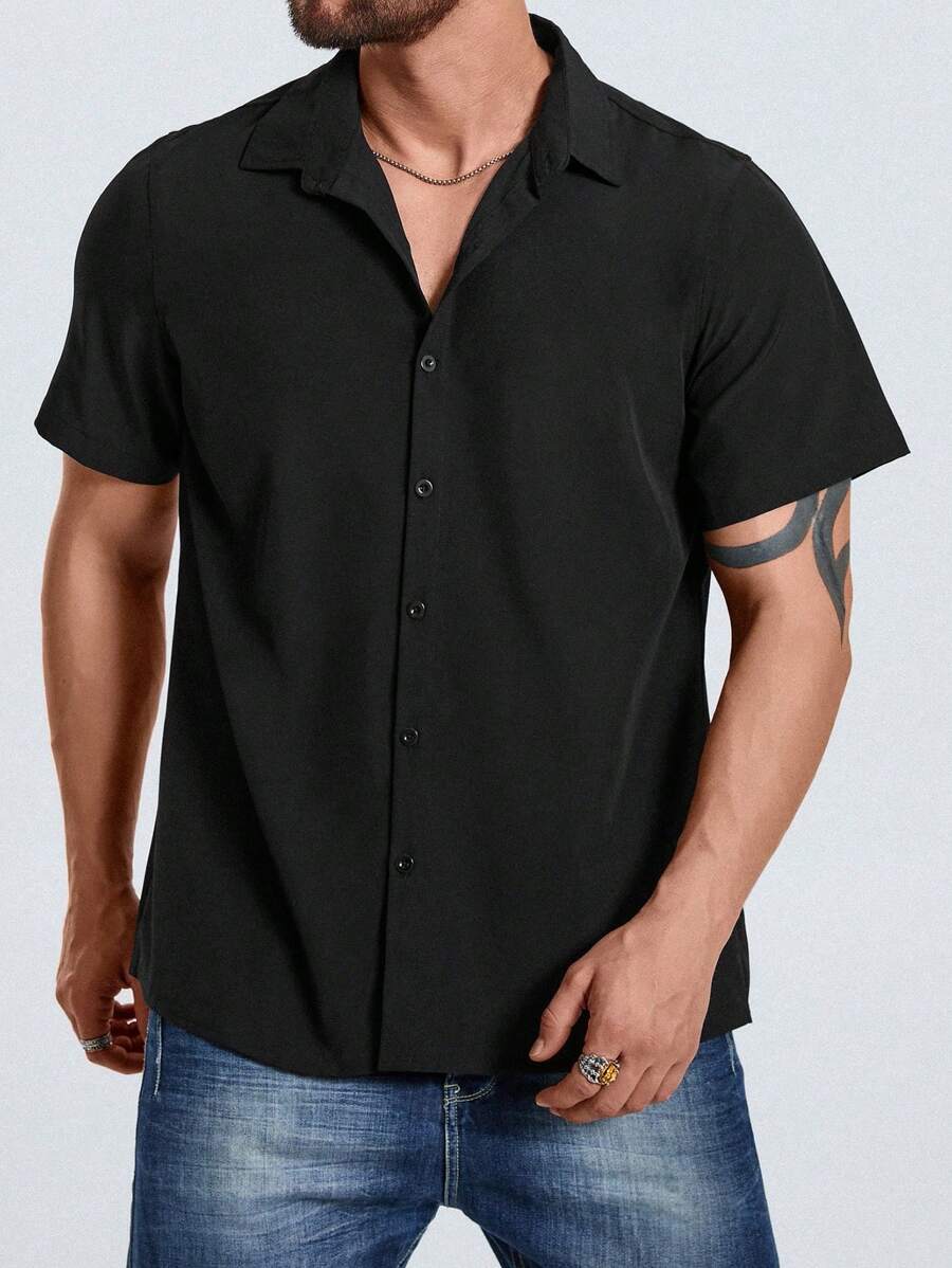 Manfinity Homme Áo sơ mi Nam Nút phía trước màu trơn Giải trí - màu đen - Xem 1