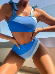 Bộ Bikini Đi Biển Mùa Hè Màu Cà Vạt Vai - Màu xanh lam - Xem 7