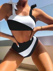 Bộ đồ bơi bikini 2 mảnh buộc vai phối màu mùa hè & quần cạp cao - Đen và trắng - Xem 7