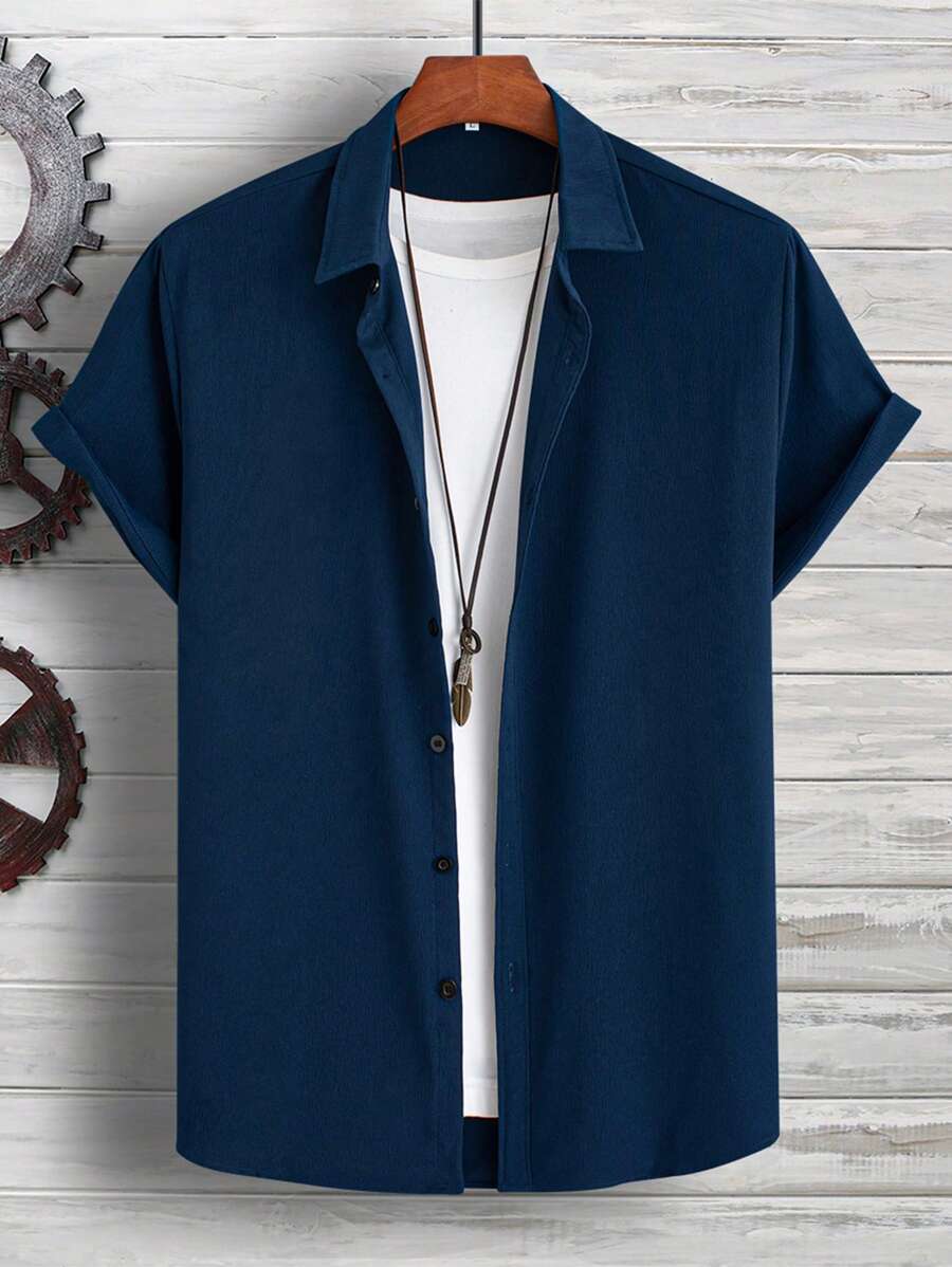 Manfinity Homme 男士1入組前排扣襯衫 - 藏蓝色 - 查看 1