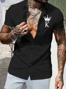 Manfinity Homme 男士王冠和字母圖案襯衫 - 黑色 - 查看 1