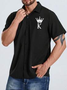 Manfinity Homme 男士王冠和字母圖案襯衫 - 黑色 - 查看 4
