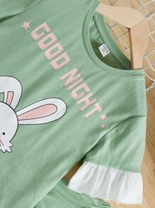 SHEIN Chicas Conjunto de pijama con estampado de conejo y letra ribete con fruncido de manga con volante - verde menta - Ver 3