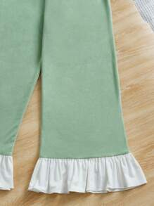 SHEIN Chicas Conjunto de pijama con estampado de conejo y letra ribete con fruncido de manga con volante - verde menta - Ver 5