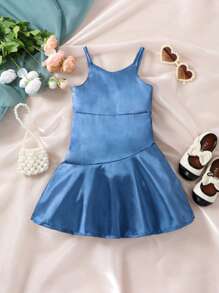 Baby Solid Satin Cami Dress - Blue - View 1