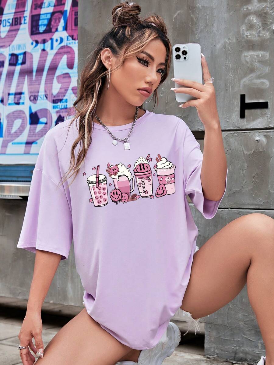 SHEIN Qutie Cartoon Graphic Drop Shoulder Tee - Lilac Purple - View 1
