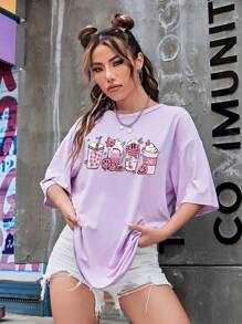 SHEIN Qutie Cartoon Graphic Drop Shoulder Tee - Lilac Purple - View 5