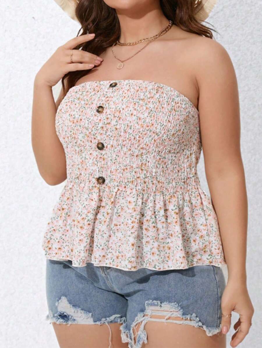 SHEIN Holidaya Plus Ditsy Floral Print Button Detail Peplum Tube Top - Multicolor - View 1