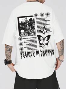 ROMWE MEN 男士標語骷髏和蝴蝶圖案T恤 - 白色 - 查看 1
